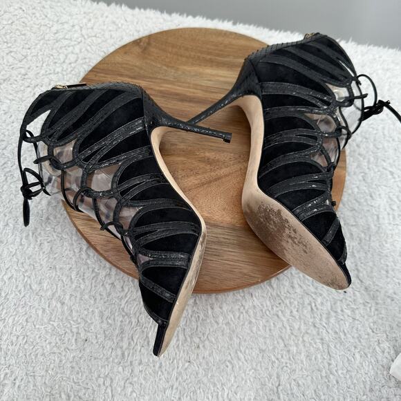 Jimmy Choo Heel Womens 8.5 Black Leather Lace up Peep Toe Snake Skin Gladiator - Picture 5 of 10